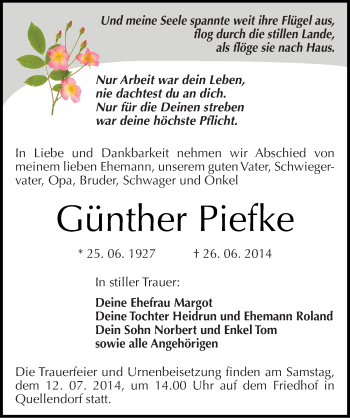 Traueranzeige von Günther Piefke von Mitteldeutsche Zeitung Köthen