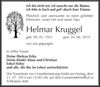 Traueranzeige von Helmar Kruggel von Mitteldeutsche Zeitung Merseburg/Querfurt