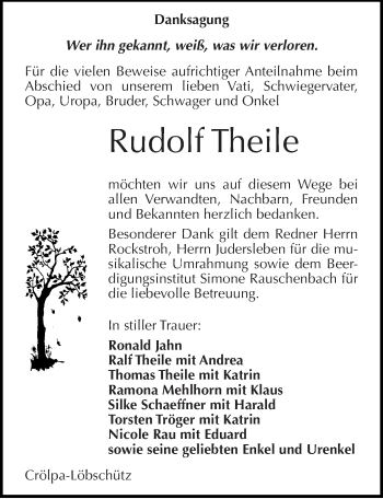 Traueranzeige von Rudolf Theile von Mitteldeutsche Zeitung Naumburg/Nebra