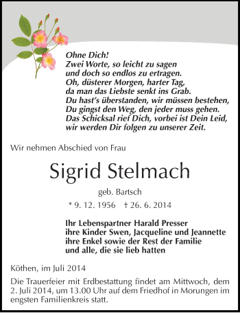 Traueranzeige von Sigrid Stelmach von Mitteldeutsche Zeitung