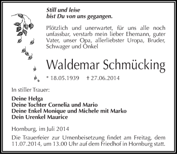Traueranzeige von Waldemar Schmücking von Mitteldeutsche Zeitung Mansfelder Land