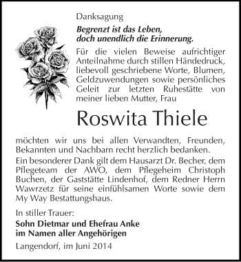Traueranzeige von Roswita Thiele von Mitteldeutsche Zeitung Weißenfels