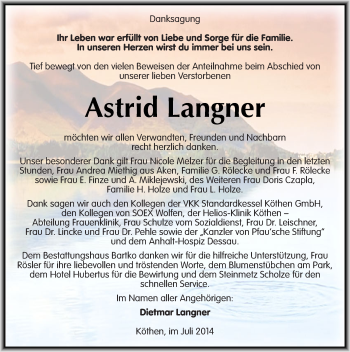 Traueranzeige von Astrid Langner von Mitteldeutsche Zeitung Köthen