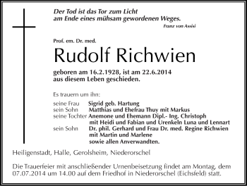 Traueranzeige von Rudolf Richwien von Mitteldeutsche Zeitung Halle/Saalkreis