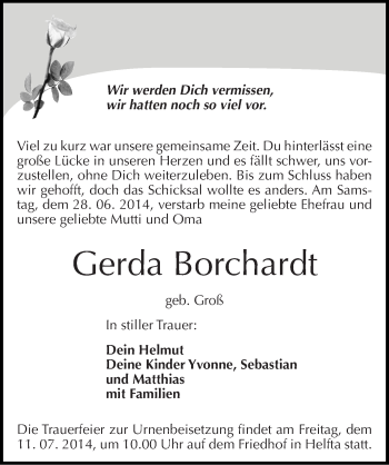 Traueranzeige von Gerda Borchardt von Mitteldeutsche Zeitung Mansfelder Land