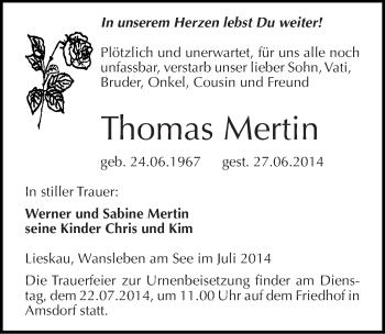 Traueranzeige von Thomas Mertin von Mitteldeutsche Zeitung Mansfelder Land