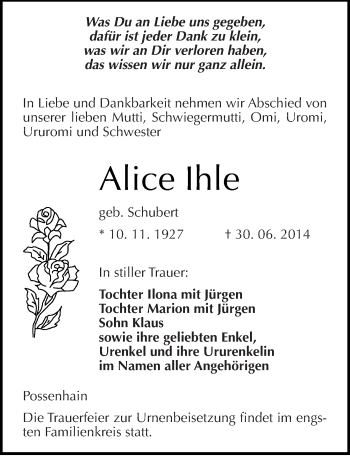 Traueranzeige von Alice Ihle von Mitteldeutsche Zeitung Naumburg/Nebra