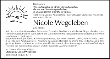 Traueranzeige von Nicole Wegeleben von Mitteldeutsche Zeitung Halle/Saalkreis