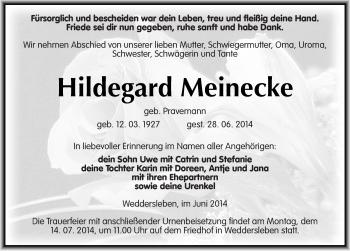 Traueranzeige von Hildegard Meinecke von Mitteldeutsche Zeitung Quedlinburg