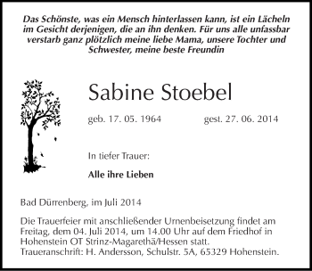 Traueranzeige von Sabine Stoebel von Mitteldeutsche Zeitung Merseburg/Querfurt