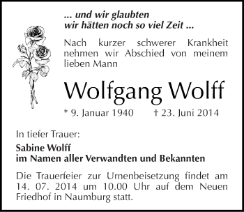 Traueranzeige von Wolfgang Wolff von Mitteldeutsche Zeitung Naumburg/Nebra