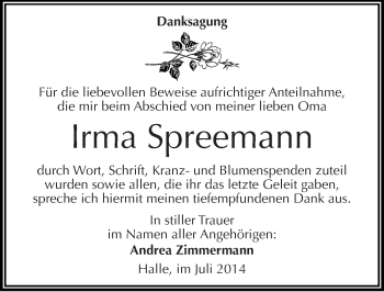 Traueranzeige von Irma Spreemann von Mitteldeutsche Zeitung Halle/Saalkreis