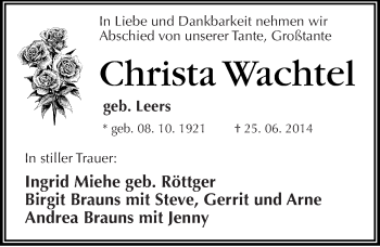 Traueranzeige von Christa Wachtel von Mitteldeutsche Zeitung Quedlinburg