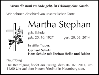 Traueranzeige von Martha Stephan von Mitteldeutsche Zeitung Naumburg/Nebra