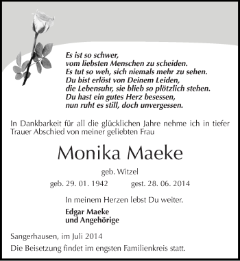 Traueranzeige von Monika Maeke von Mitteldeutsche Zeitung Sangerhausen