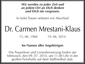 Traueranzeige von Carmen Mrestani-Klaus von Mitteldeutsche Zeitung Halle/Saalkreis