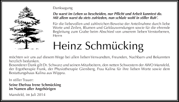Traueranzeige von Heinz Schmücking von Mitteldeutsche Zeitung Mansfelder Land
