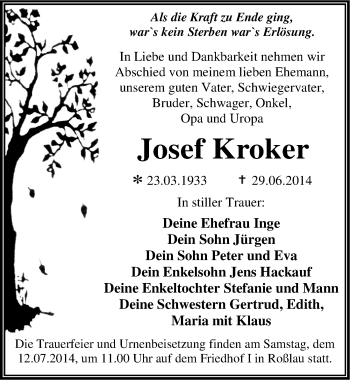 Traueranzeige von Josef Kroker von Mitteldeutsche Zeitung Dessau-Roßlau