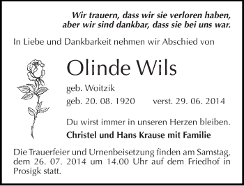 Traueranzeige von Olinde Wils von Mitteldeutsche Zeitung Köthen