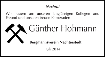 Traueranzeige von Günther Hohmann von Mitteldeutsche Zeitung Aschersleben