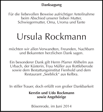 Traueranzeige von Ursula Rockmann von Mitteldeutsche Zeitung Sangerhausen