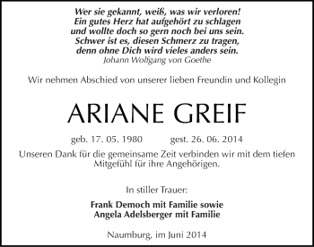 Traueranzeige von Ariane Greif von Mitteldeutsche Zeitung Naumburg/Nebra