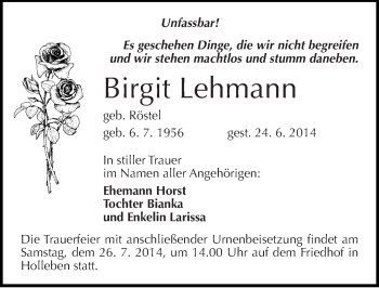 Traueranzeige von Birgit Lehmann von Mitteldeutsche Zeitung Halle/Saalkreis