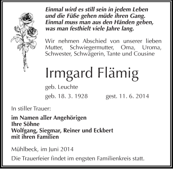 Traueranzeige von Irmgard Flämig von Mitteldeutsche Zeitung Bitterfeld