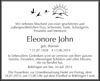 Traueranzeige von Eleonore John von Mitteldeutsche Zeitung Mansfelder Land