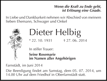 Traueranzeige von Dieter Helbig von Mitteldeutsche Zeitung Merseburg/Querfurt