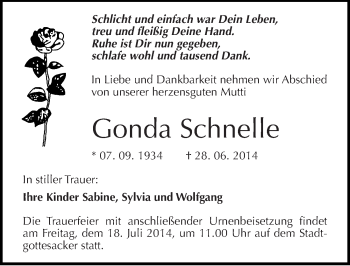 Traueranzeige von Gonda Schelle von Mitteldeutsche Zeitung Halle/Saalkreis