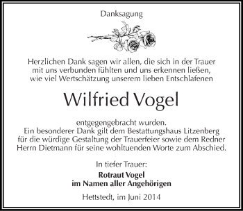 Traueranzeige von Wilfried Vogel von Mitteldeutsche Zeitung Mansfelder Land