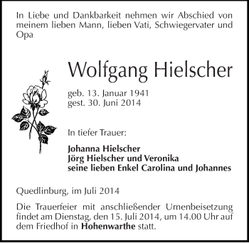 Traueranzeige von Wolfgang Hielscher von Mitteldeutsche Zeitung Quedlinburg