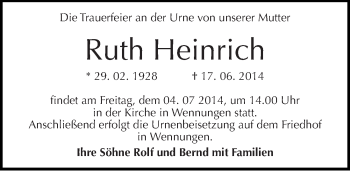 Traueranzeige von Ruth Heinrich von Mitteldeutsche Zeitung Naumburg/Nebra