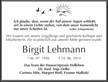 Traueranzeige von Birgit Lehmann von Mitteldeutsche Zeitung Halle/Saalkreis