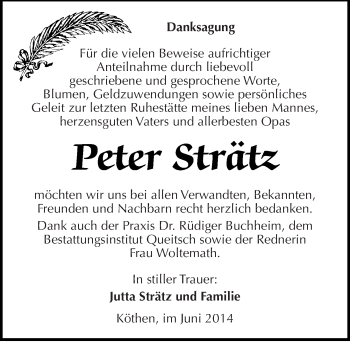 Traueranzeige von Peter Strätz von Mitteldeutsche Zeitung Köthen
