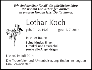 Traueranzeige von Lothar Koch von Mitteldeutsche Zeitung Köthen