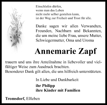 Traueranzeige von Annemarie Zapf von Mitteldeutsche Zeitung Naumburg/Nebra