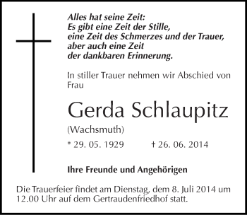 Traueranzeige von Gerda Schlaupitz von Mitteldeutsche Zeitung Halle/Saalkreis