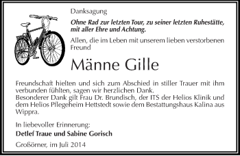 Traueranzeige von Männe Gille von Mitteldeutsche Zeitung Mansfelder Land