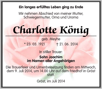 Traueranzeige von Charlotte König von Mitteldeutsche Zeitung Merseburg/Querfurt