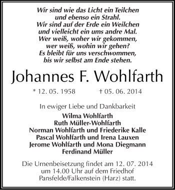 Traueranzeige von Johannes F. Wohlfarth von Mitteldeutsche Zeitung Quedlinburg
