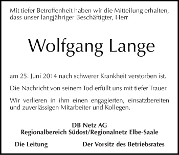 Traueranzeige von Wolfgang Lange von Mitteldeutsche Zeitung Köthen