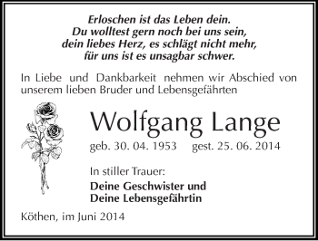 Traueranzeige von Wolfgang Lange von Mitteldeutsche Zeitung Köthen