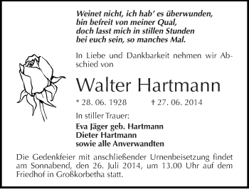 Traueranzeige von Walter Hartmann von Mitteldeutsche Zeitung
