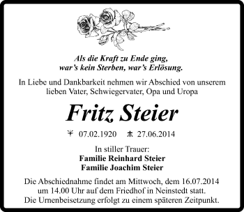 Traueranzeige von Fritz Steier von Mitteldeutsche Zeitung Quedlinburg