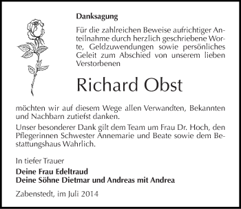 Traueranzeige von Richard Obst von Mitteldeutsche Zeitung Mansfelder Land