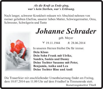 Traueranzeige von Johanna Schrader von Mitteldeutsche Zeitung Quedlinburg