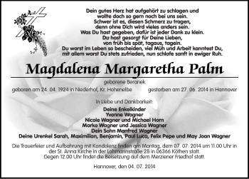 Traueranzeige von Magdalena Margaretha Palm von Mitteldeutsche Zeitung Köthen