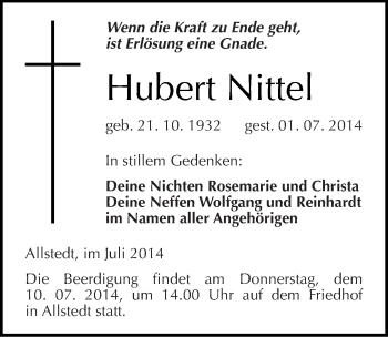 Traueranzeige von Hubert Nittel von Mitteldeutsche Zeitung Sangerhausen